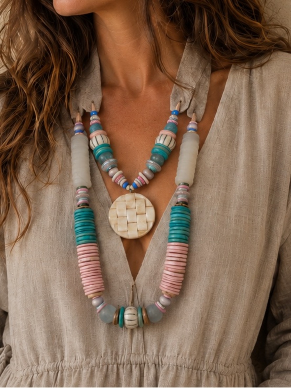 New in bag Twine and Twig necklace set leather shell glass bohemian chunky